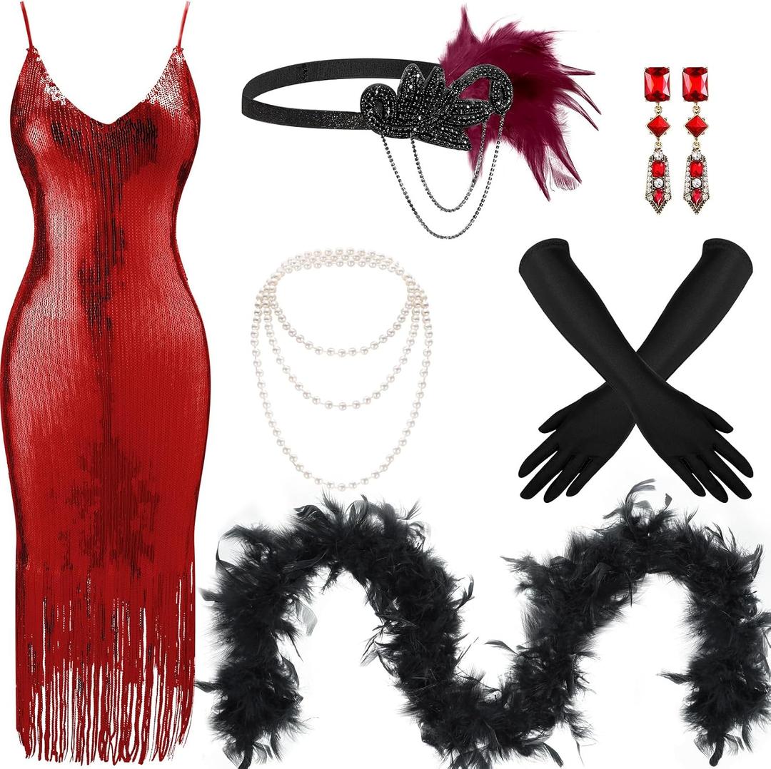 Tisancy 7 Pcs 1920s Women's Flapper Dress Sequin Dress Costume Headwear Earring Necklace Glove Stick Set and Long Feather Boa (Red, Medium)