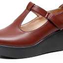 Women's Leather T-Strap Platform Wedge Mary Jane Shoes Comfort Round Toe Ankle Strap Non-Slip Casual Soft Cute School Dress Shoes for Work Outdoor Office (8, Brown)
