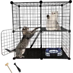 2 Tier Cat Cage Indoor,Removable Metal Kitten Cages Detachable Ferret Playpen Portable DIY Small Animals Collapsible House for Cats Bunny Puppies Guinea Pig Rabbit Hedgehog Rat(Black)