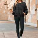Glamaker Womens Denim Bomber Jacket Trendy Casual Zip Up Crew Neck Long Sleeve Loose Fit Jean Jacket Fall Outfits (Black, M)
