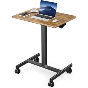 DUMOS Small Standing Desk Mobile Portable Rolling Laptop PC Table on Wheels Adjustable Height Computer Workstation for Home Office, 19 Inch, Brown