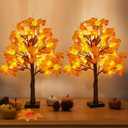 2 Pack 24 Inch Prelit Fall Maple Tree Decorations with 48 LEDs Timer Fall Battery Operated Lighted Artificial Pumpkin Acorn Light Up Maple Tree for Thanksgiving Harvest Table Home Indoor Decor (Classic Style 3)