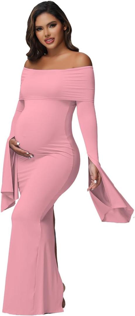 JustVH Women's Maternity Long Sleeve Off Shoulder Pregnancy Photography Dress for Baby Shower Photoshoot Party (X-Large, Pink)