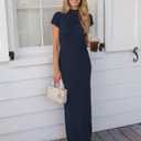 ZESICA Womens Summer Bodycon Maxi Dress 2026 Business Casual Short Sleeve Crewneck Knit Slit Spring Sweater Dresses (Blue, S)