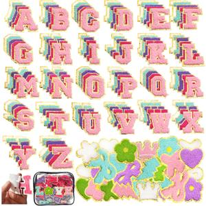 200PCS Self-Adhesive Chenille Patches, Gold Edged Alphabet Letters & 70 Shapes for Clothing, Jackets, Bags - No Sew DIY Crafts (Flower, Star, Heart, Multicolor) (200)