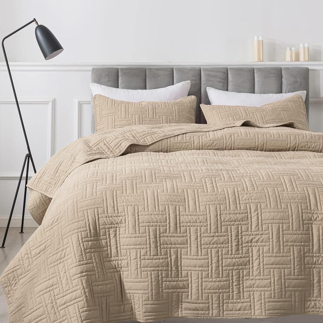 California Oversized Quilt King Size Bedding Sets with Pillow Shams, Beige Lightweight Soft Bedspread Coverlet, Cal Super Quilted Blanket Thin Comforter Bed Cover for All Season, 118x106 inches