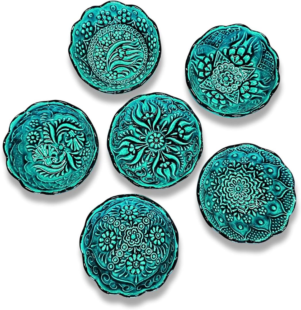 Handmade Decorative Turkish Ceramic Mini Pinch Bowls Set of 6 Small Dipping & Serving Sauce Bowls, Green Charcuterie Accessories, Hand-Painted Floral Pattern Snack Dishes for Kitchen & Table Decor