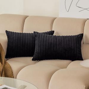 Kevin Textile Set of 2, Corduroy Style Cushion Cover with Stripe Pattern, 12x20 Inch, Throw Pillow Covers in Black, Machine Washable Home Decor Decorations for Bedroom Living Room