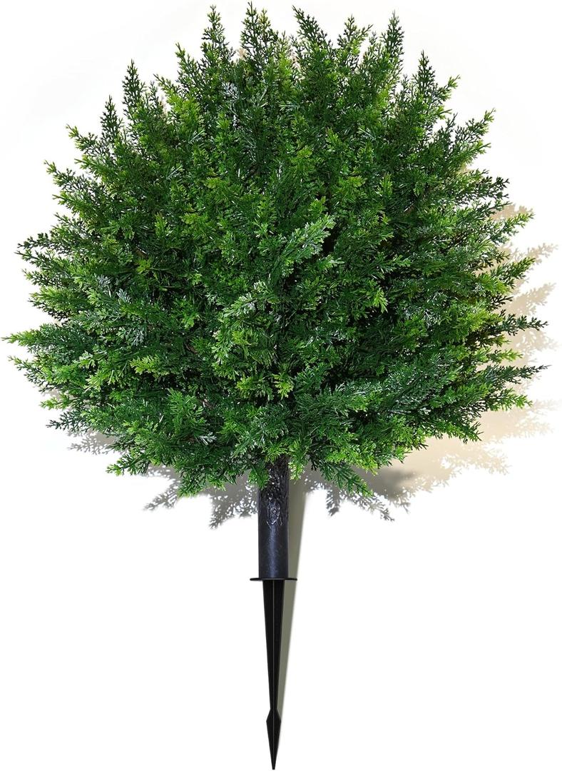 Artificial Cedar Topiary Ball Trees Ground Spike 16.5" UV Resistant Faux Shrubs for Outdoor Decor, Front Porch & Garden Evergreen Bushes for Yard, Patio, Landscaping (1)