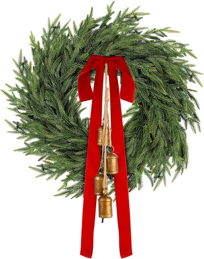 Fovths 24 Inch Christmas Wreath Large Real Touch Norfolk Pine Wreath with Bells Velet Ribbon Bows Faux Greenery Realistic Wreaths for Front Door Home DIY Wall Window Indoor Outdoor Holiday Decor