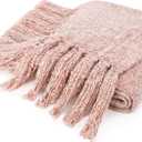 Pavilia Blush Pink Chenille Throw Blanket for Couch & Bed, Soft Knit Woven with Tassels, Textured for Living Room, 60x80