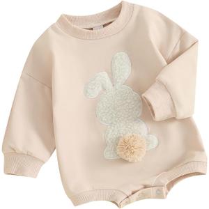 MOBJVIY Toddler Baby Girl Clothes Cute Bunny Embroidery Long Sleeve Sweatshirt Romper Newborn Girl Boy Easter Outfit (Khaki, 12-18 Months)