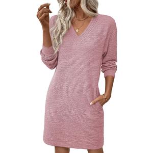 EVALESS Womens Fall Dresses 2026 Long Sleeve V Neck Casual Dress Textured Loose Fit Shift Mini Dress with Pockets (XXL)