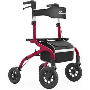 PLANET WALK Foldable Rollator Walker: 10" & 8" All-Terrain Wheels, 300lb Capacity, Treaded Rubber Tires, Breathable Seat & Backrest, Lightweight Mobility Aid for Seniors, Red