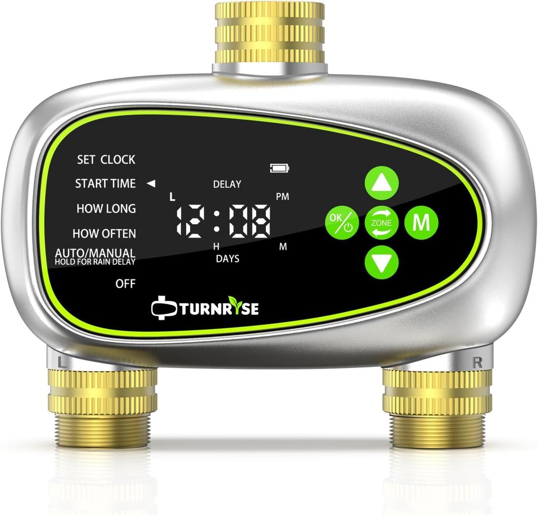 Water Timer for Garden Hose - 2 Zone Sprinkler Controller with Brass Inlet Programmable Hose Timer, Automatic Drip Irrigation System for Yard Lawn Greenhouse
