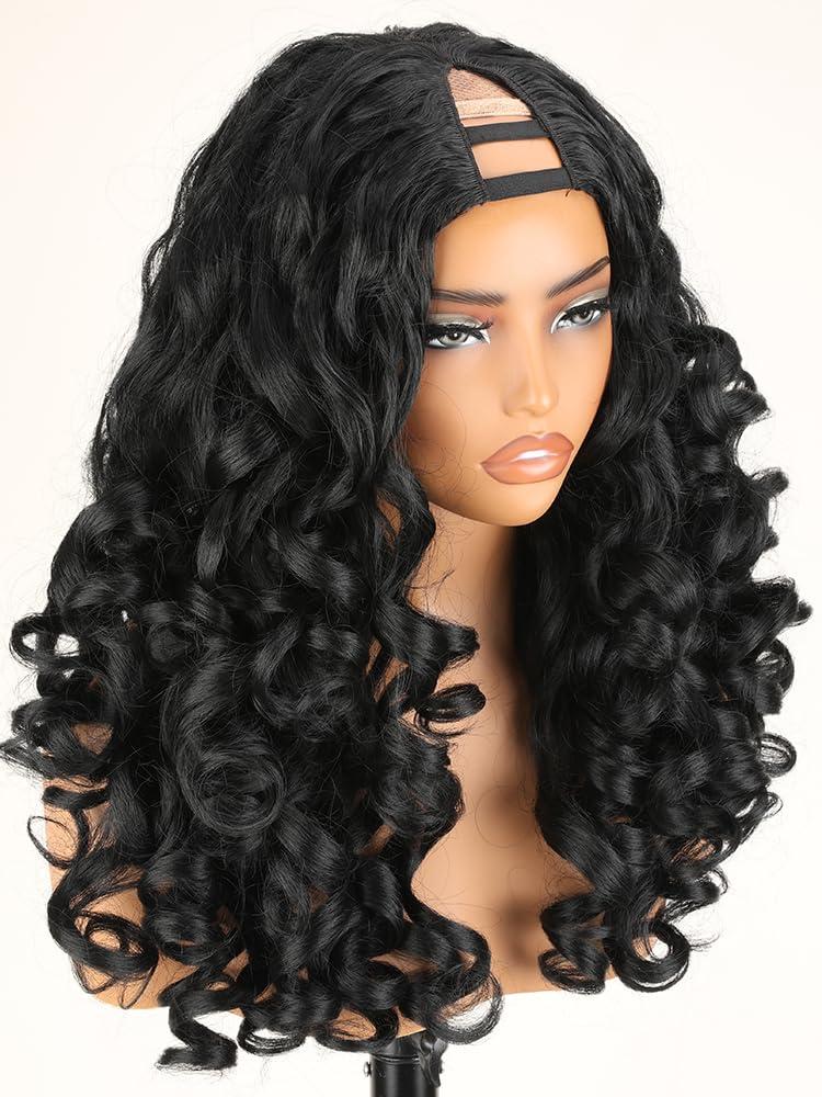 SOKU Curly V Part Wig, Synthetic Natural Black U Part Half Wigs for Black Women 22 Inch Glueless Wig Bouncy Curls Heat Resistant