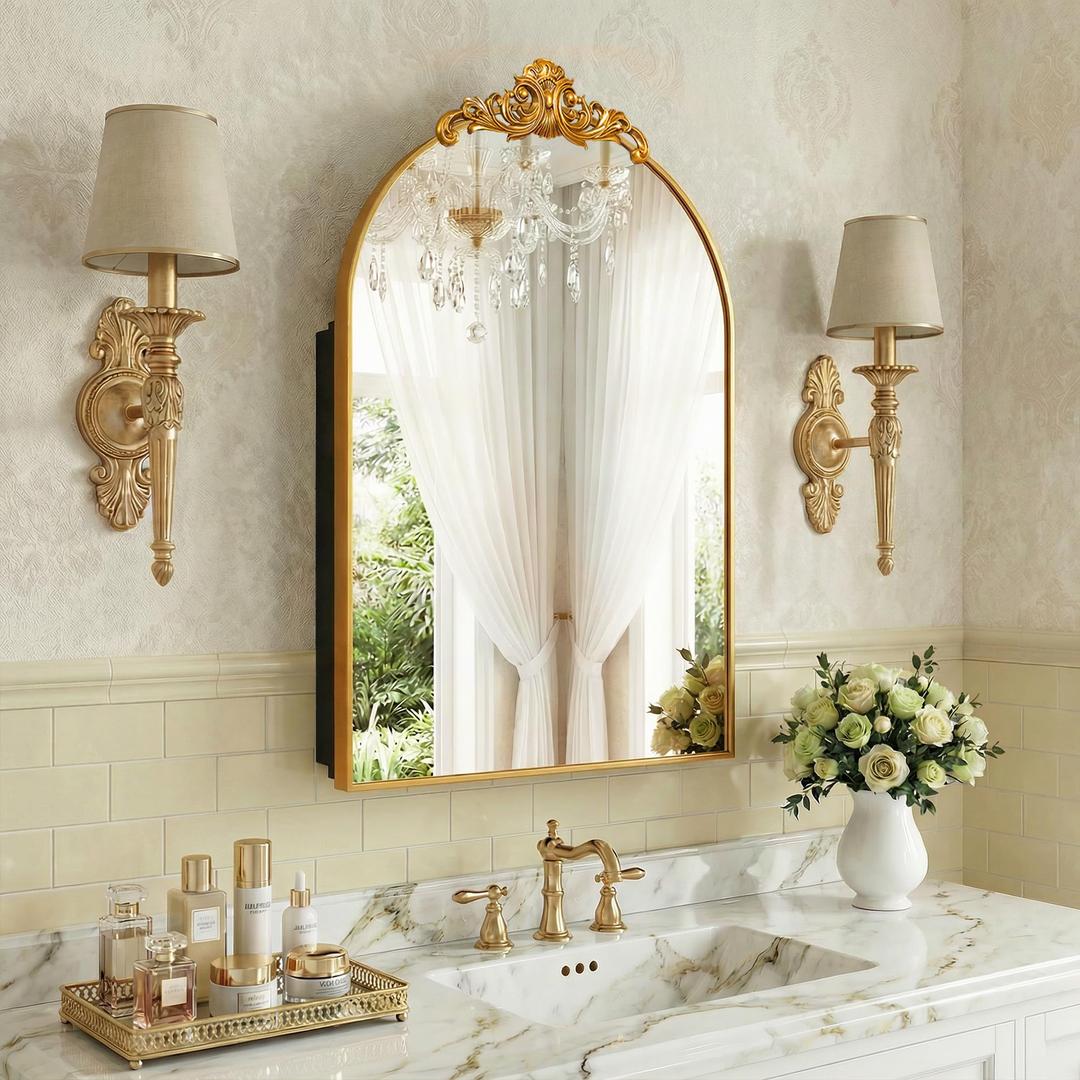 Casaphoria 36" H x 24" W Arched Bathroom Medicine Cabinet with Mirror, Metal Frame Wall Mirror Cabinet,Wall Medicine Cabinets Mirrors, Gold