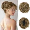 RUWISS Large Messy Bun Hair Piece with Claw Clip Human Hair Bun Wavy Curly Chignon Hair Bun Extensions Tousled Updo Hair Pieces for Women Claw Clip Ponytail for Women, Brown Mixed Light Blond