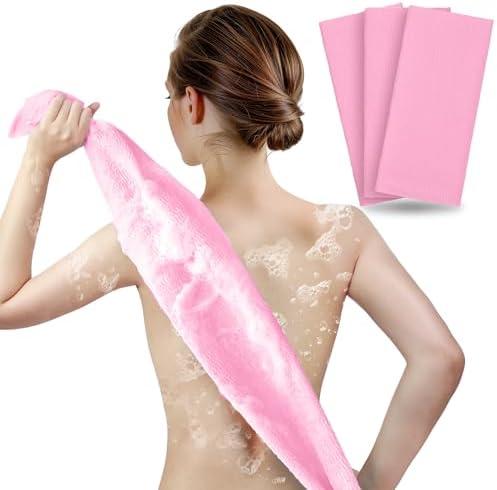 ARCH&M Exfoliating Washcloth Body Scrubber Back Scrubber for Shower Japanese Beauty Washcloth Bath Wash Cloth Korean Exfoliation Luffah Towel Net Sponge Loofah Body Scrub 3 Pack (Pink x 3)