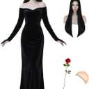 Halloween Costume for Women Black Gothic Dress Costume with Wig Red Rose Cute Soft Black Dress for Cospaly Costume (Black, XXL)