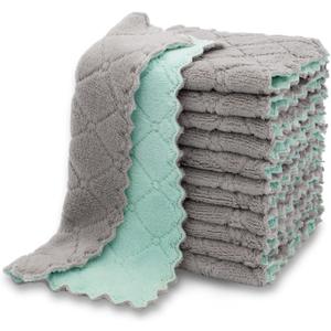 kimteny 12 Pack Kitchen Cloth Dish Towels, Premium Dishcloths, Super Absorbent Coral Velvet Dishtowels, Nonstick Oil Washable Fast Drying (Green-Grey)