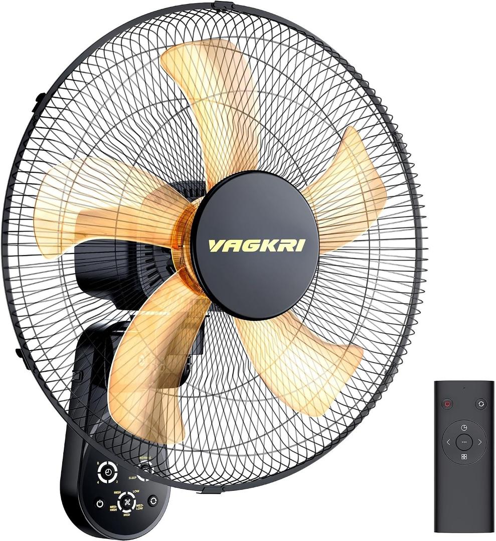 VAGKRI 16 Inch Wall Mount Fan, Quiet Oscillating Fan with Remote, 5 Speeds, 8-Hour Timer, 90° Oscillation, Ideal for Home, Office, Bedroom, Garage, Black, Medium