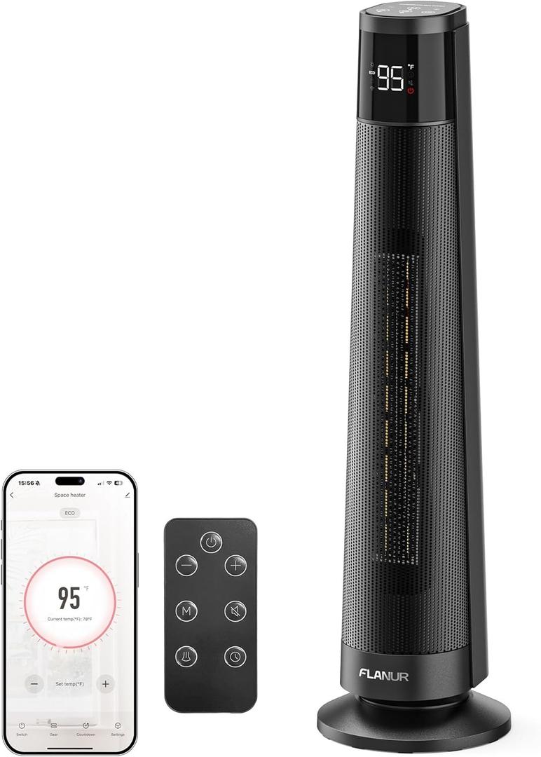 1500W PTC Ceramic Smart Space Heaters for Indoor Use, Portable Heater with Remote & App Control for Large Room, Office, ECO Modes, Safety Protection, 70 Oscillation, 12H Timer, Black, 1 Pack (29inch)