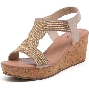 Ruiee Wide Width Wedge Sandals for Women, Comfortable Ankle Strap Open Toe Summer Shoes Platform Wedge Dressy Women Sandals. (Gold) 8 X-Wide, Beige