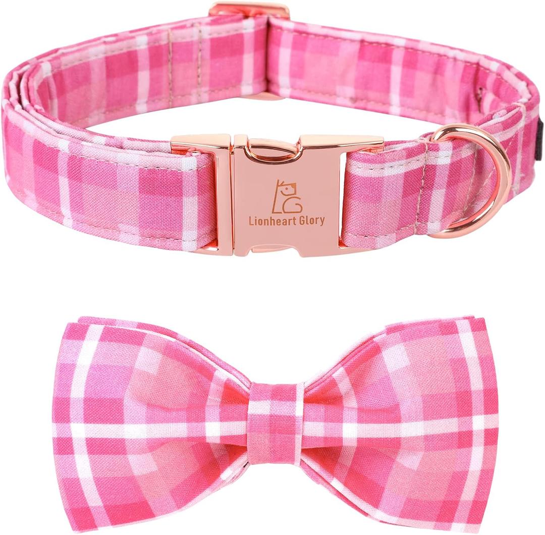 Lionheart glory Pink Plaid Dog Collar, Adjustable Dog Collar with Bowtie, Pet Gift Girl Collar for Dog Soft Bowtie Dog Collars for Large Dogs (Large (Pack of 1)