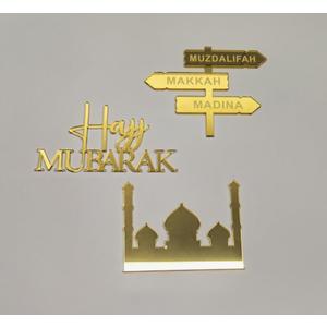 Hajj Mubarak Cake Topper,Hajj Gift, Acrylic Hajj Topper for Eid Al Fitr & Eid Al Adha Festival Baby Shower Birthday Party Decorations (Gold Mirror)