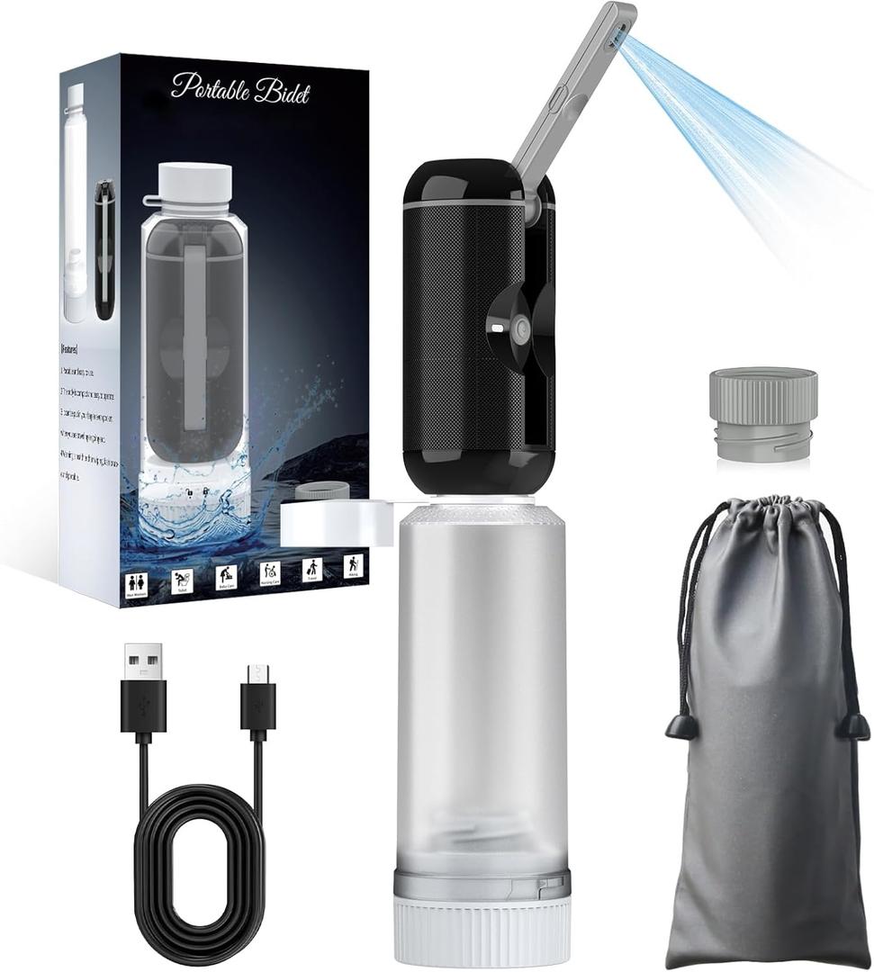 Portable Bidet for Travel, Rechargeable Travel Bidet Sprayer Fits Various Sizes of Water Bottles, Waterproof High Pressure Handheld Bidet for Women Men Personal Hygiene, Black