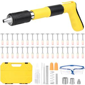 Concrete Nail Gun Kit with 200pcs Nails, 5 Speed Adjustable Manual Steel Nail Gun for Concrete, Cement Red Brick Wall Anchor Wire Slotting, Portable Nailer Gun Wall Fastening Tool (Yellow)