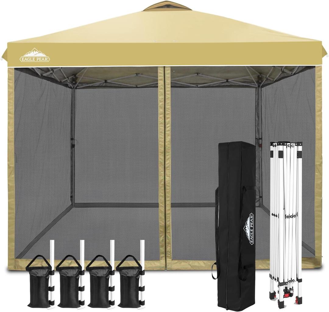 10x10 Outdoor Easy Pop up Canopy with Netting, Instant Screen Party Tent with Mesh Side Walls, Beige 