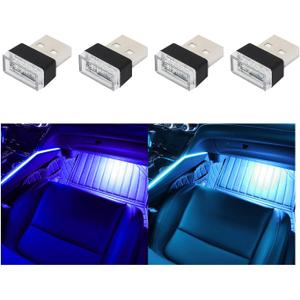 Augeny 4 PCS USB LED Car Interior Atmosphere Lamp, Plug-in USB Decor Night Light, Portable Auto Ambient Lighting Kit, Universal Vehicle Interior Accessories for Most Cars (Blue & Ice Blue)