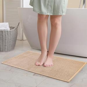 Chebet Beige Bathroom Rugs, Chenille Rubber Backed - 18"x30" Standard Sized Bath Mats for Bathroom, Non Slip, Absorbent, Quick Dry, Washable - Thin Bath Rugs for Tub and Shower 2