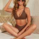fatty tiger High Cut Bikini Sets for Women Deep V Neck Criss Cross Back Two Piece Swimsuit Cheeky High Waist Bathing Suit (Brown, S)
