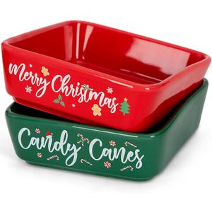 Christmas Mini Candy Dish Set of 2 Ceramic Candy Bowl for Tiered Tray Decor Merry Xmas Tree Canes Table Shelf Decorations Snow Farmhouse Home Decor Housewarming Gift Idea Thanksgiving Cookie, Red & Green
