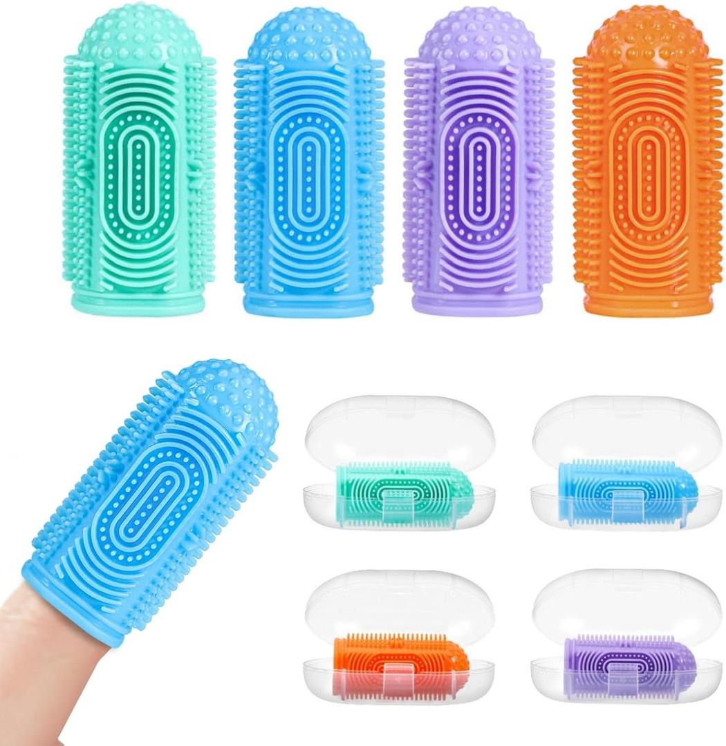 Finger Tooth Brushing Baby Toothbrush 3 Pcs with 4 Travel Storage Case,Food Grade Silicone Baby Finger Toothbrush,Soft Infant Toothbrushes for Toddlers 6-36,Oral Cleaner,Gum Brush (Blue-green-orange-purple)