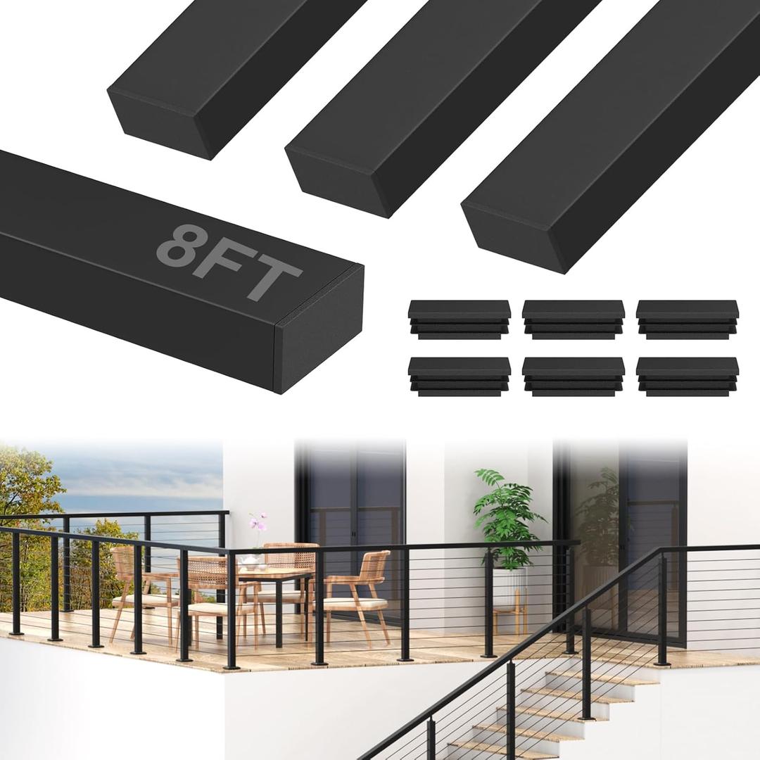 BLIKA 4Pack 8FT Stainless Steel Cable Railing Handrail, Black Rectangular Handrail Flat Top Rail with End Caps for Deck Stair Cable Railing System, Deck Hand Rails for Indoor/Outdoor, BL01-T