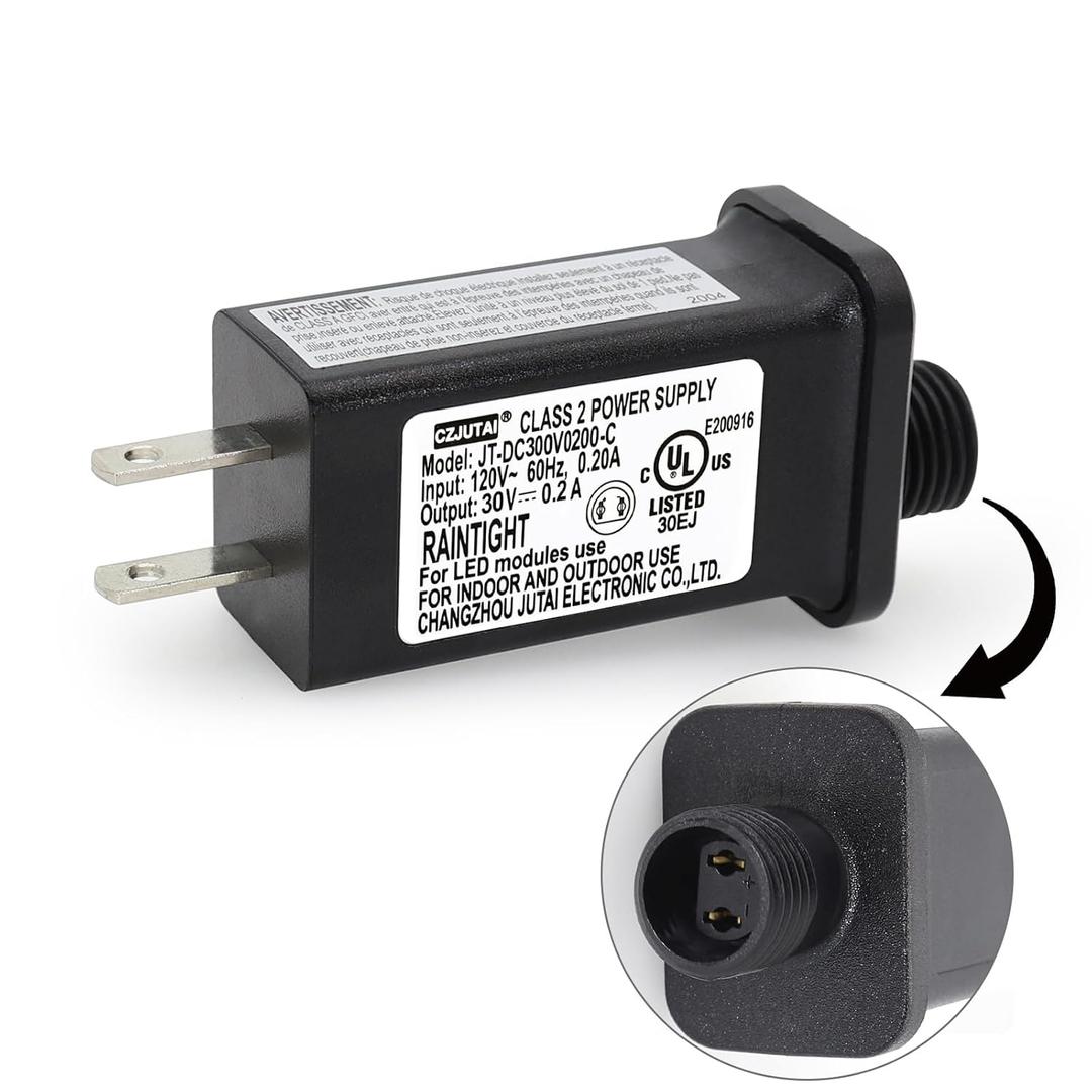 Power Supply for CZJUTAI JT-DC300V0200-C Christmas Lighting (1 Pack, 30V, 0.2A, 6W, US 2PIN, UL/UKCA/CE Certified)