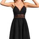 OPOIPIN Women's Lace Trim V Neck Spaghetti Strap Mini Dress Backless Sleeveless A Line Flare Ruffle Swing Skater Dress Black X-Small