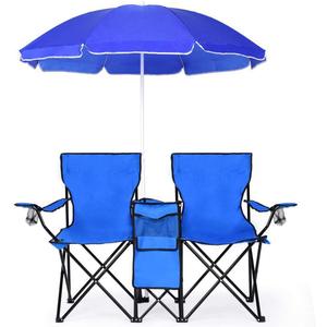 Goplus Double Camping Chair with Umbrella, Folding Loveseat Chairs w/Canopy Shade, Carrying Bag, Table, Cup Holder, Portable Beach Chairs Outdoor Picnic Patio Light Blue