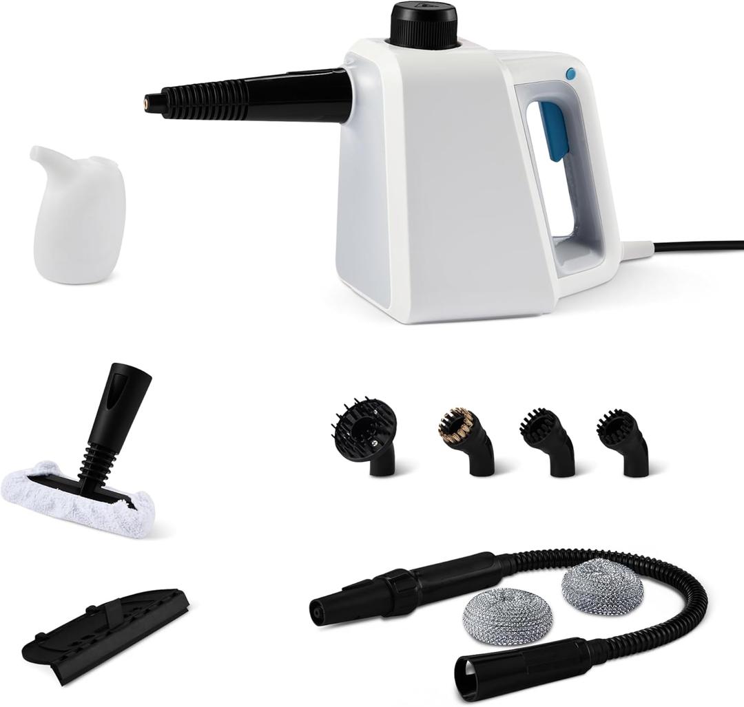 Amazon Basics Handheld Steam Cleaner for Home with 9 Accessories, Powerful 1000W Steam Shot, 8.5oz Tank, 12ft Cord, White