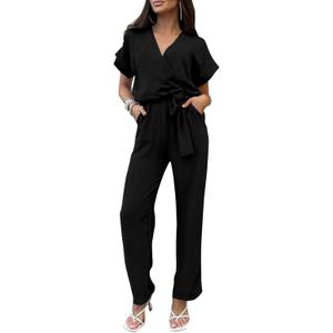 PRETTYGARDEN Women's Summer One Piece Jumpsuits Belted Short Sleeve Wrap V Neck Fashion Dressy Casual Wide Leg Pants Romper (X-Large, Black)