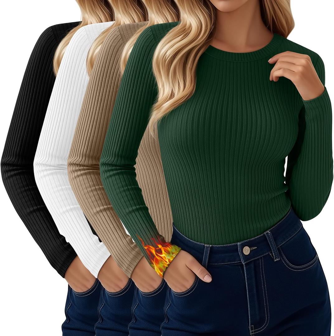 4 Pack Women's Thermal Long Sleeve Shirt Ribbed Cotton Slim Tops Crew Neck Basic Undershirt Stretch Layer Blouses (Large, Olive Green, Khaki, White, Black)