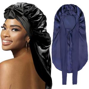 2Pcs Bonnets for Black Women Braid Bonnet, Large Long Satin Bonnet for Braids, Silk Bonnet with Stretchy Tie Band Sleep Cap Hair (2Pcs-Black&Dark Blue)