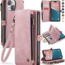Defencase Compatible with iPhone 15 Case Wallet with RFID Blocking Card Holder for Women and Men, Fashion PU Leather Magnetic Snap Flip Zipper Strap Wallet Phone Case Fit for iPhone 15 6.1", Rose Pink
