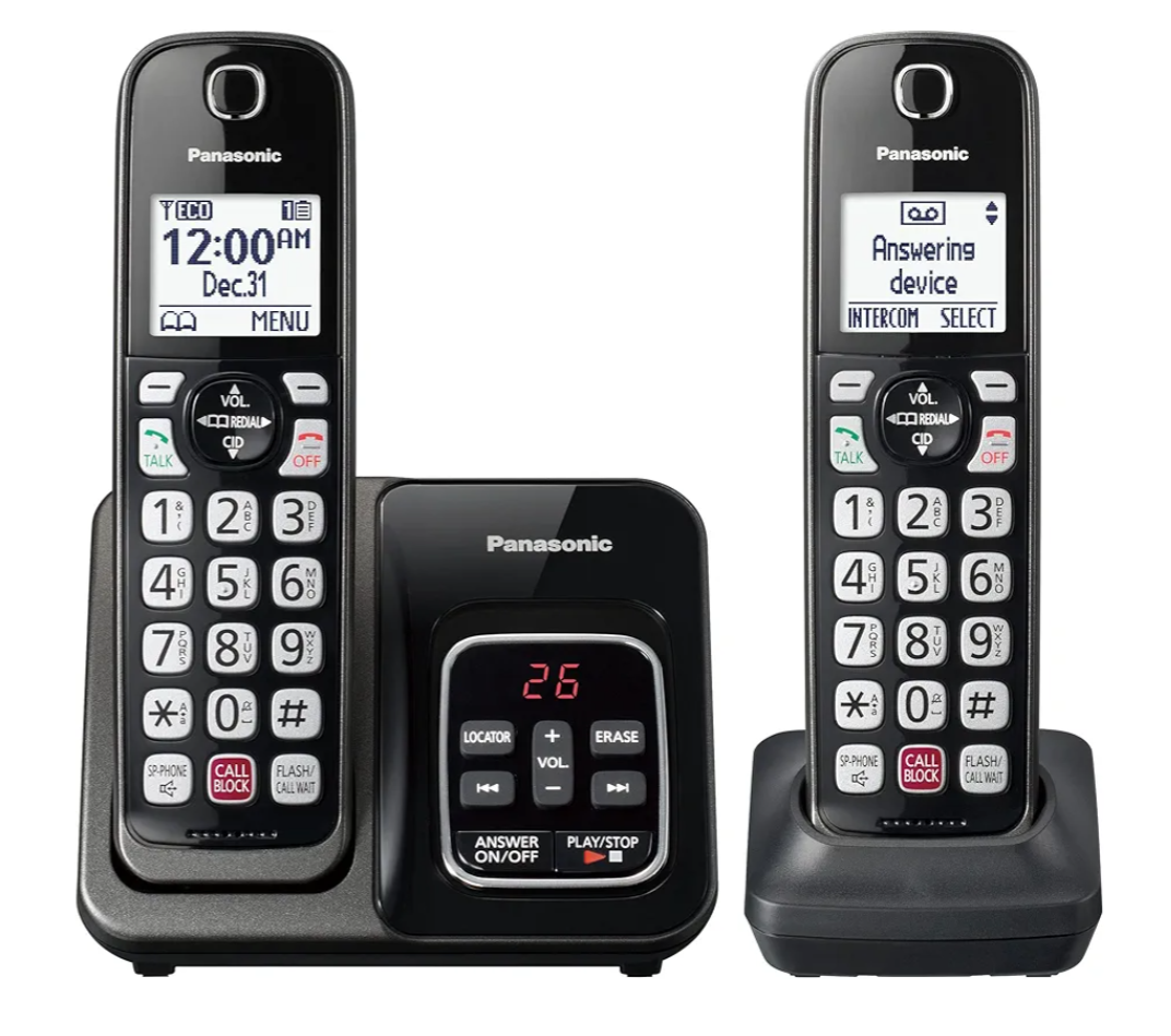 Panasonic Cordless Phone with Answering Machine, Advanced Call Block, Bilingual Caller ID and High-Contrast Display, Expandable System with 2 Handset Cordless Telephones - KX-TGD832M (Metallic Black)