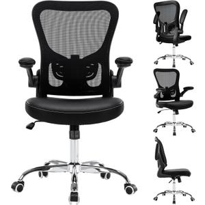 Ergonomic Office Chair Adjustable PU Leather Computer Chair with Lumbar Support,Flip-Up Arms, Breathable Mesh Back, Swivel Rolling Executive Desk Chair for Home Office, Black