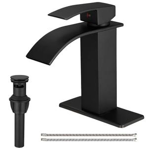 BATHLAVISH Matte Black Waterfall Bathroom Faucet Single Hole Single Handle Bathroom Sink Faucet with Pop Up Drain Modern Faucets for Lavatory Vanity Sink 1 or 3 Hole Deck Mount
